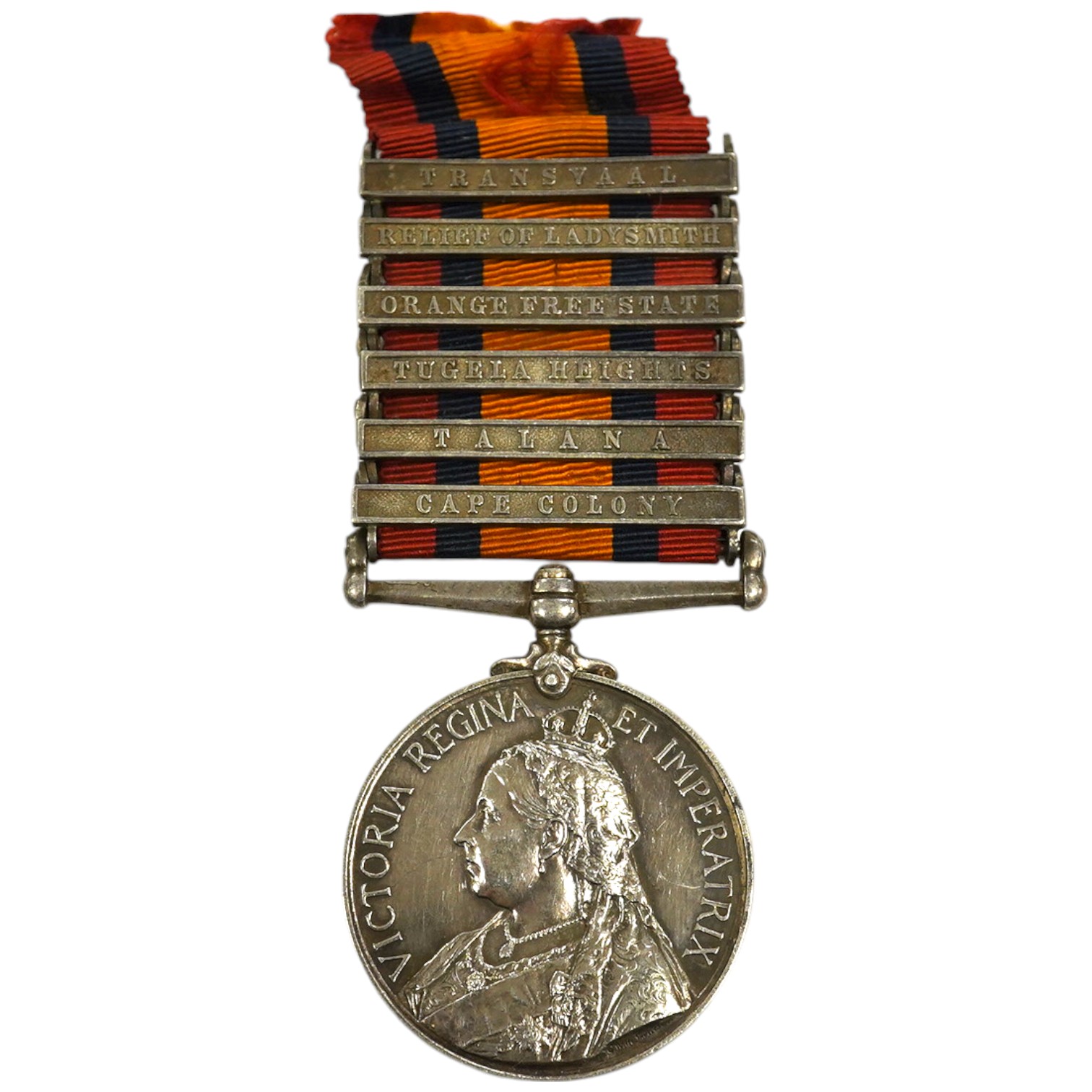 A Victorian South Africa medal awarded to CPL E. Daly RL. DUBLIN FUS. with six bars for Cape Colony, Talana, Tugela Heights, Orange Free State, Relief of Ladysmith and Transvaal. Condition - fair to good